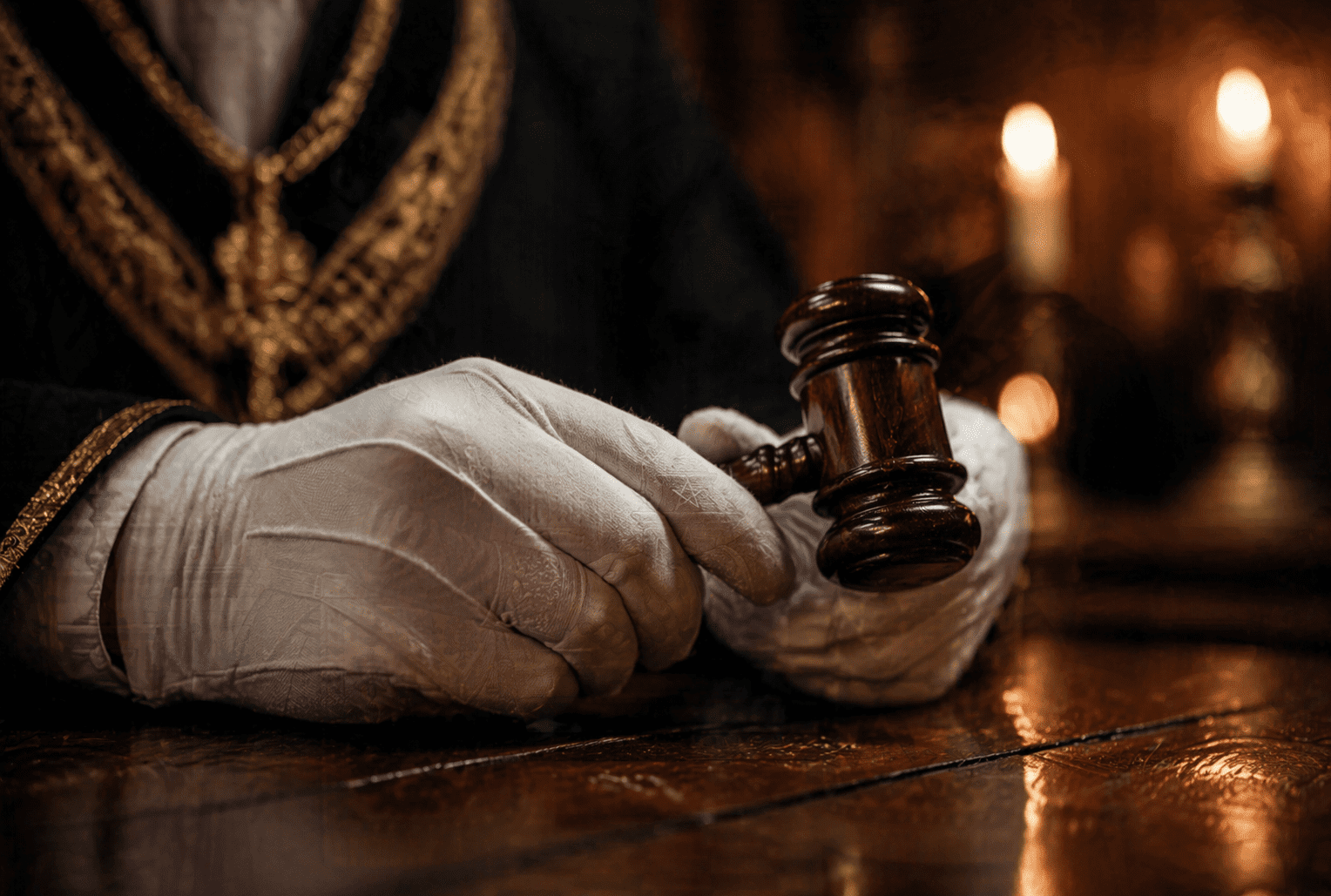 Close-up das mãos de um Mestre Maçom usando luvas brancas e segurando um malhete de madeira escura sobre mesa polida, com fundo desfocado em luz de velas.