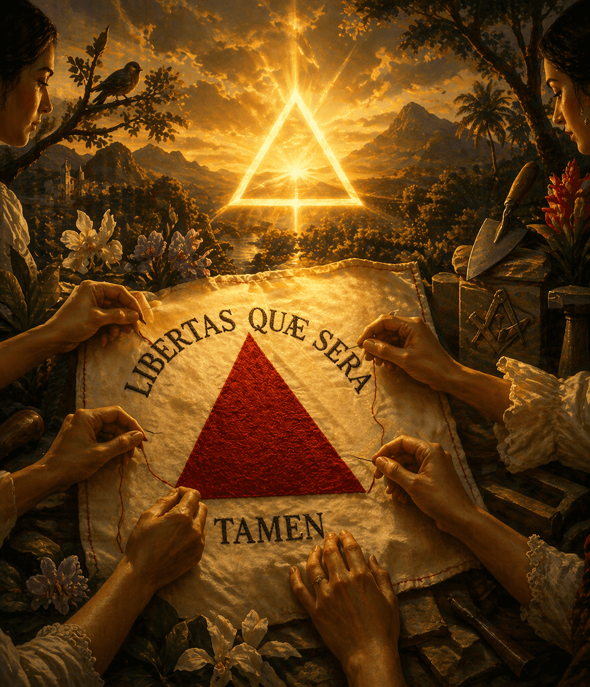Representação artística da bandeira 'Libertas Quæ Sera Tamen' sendo bordada por mãos femininas, enquanto o reflexo de um triângulo equilátero brilha intensamente. Ao redor, elementos da natureza brasileira e ferramentas de pedreiro. Estilo artístico épico.