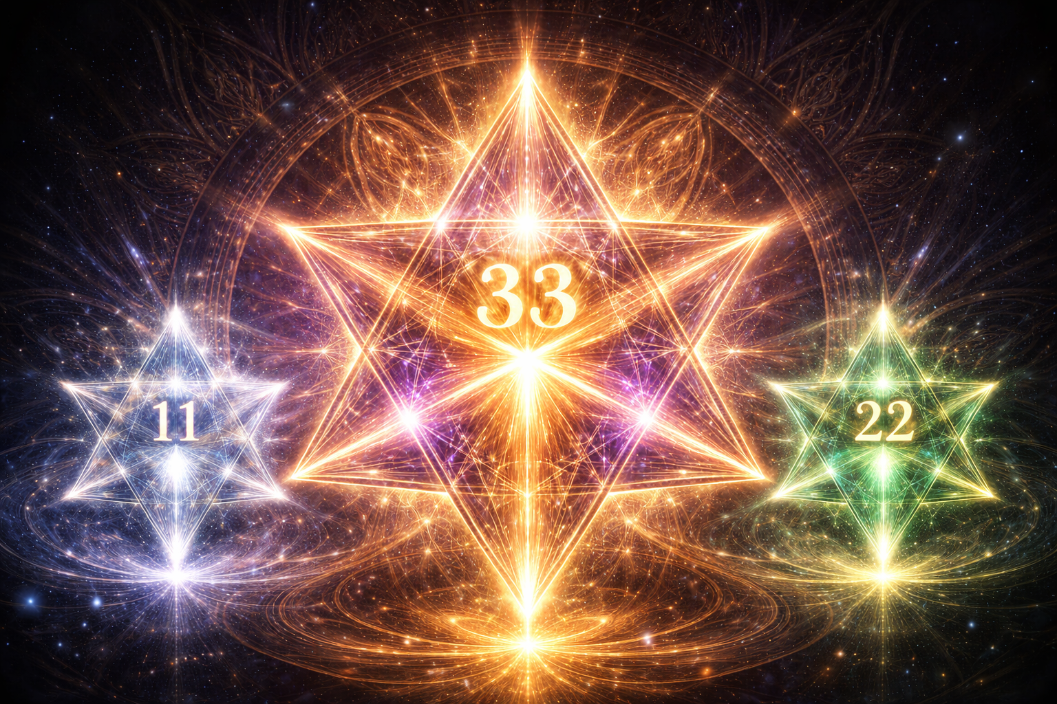 Uma fusão de geometria sagrada e luz vibracional representando os números mestres, com o número 33 brilhando intensamente em ouro e violeta no centro, simbolizando a Consciência Crística.