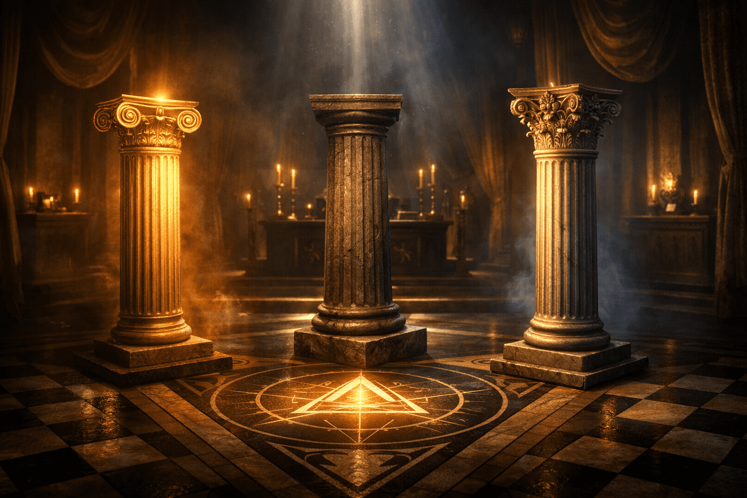 Três pilares da maçonaria representando sabedoria força e beleza dentro de um templo maçônico simbólico