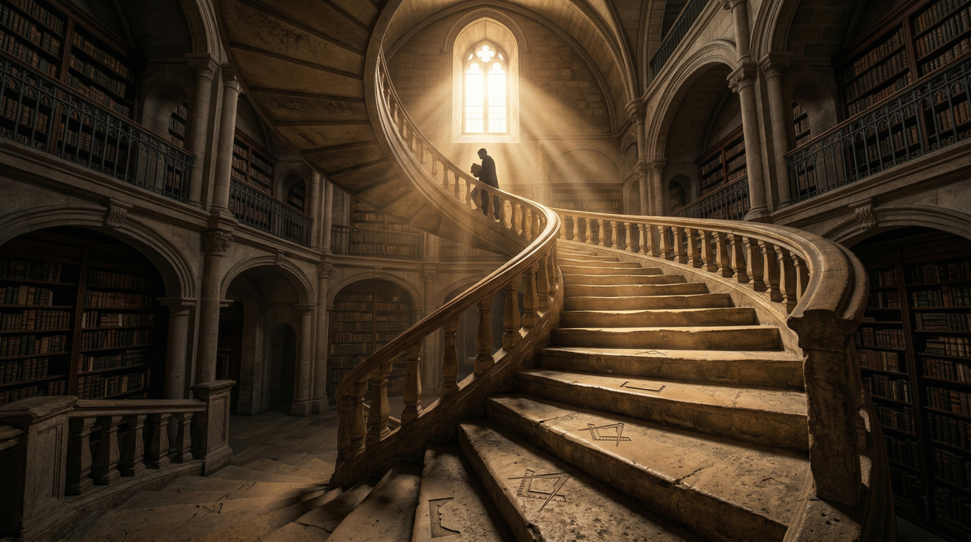 Uma escada de pedra em espiral subindo em direção a uma luz brilhante dentro de uma biblioteca antiga, com símbolos maçônicos entalhados nos degraus.