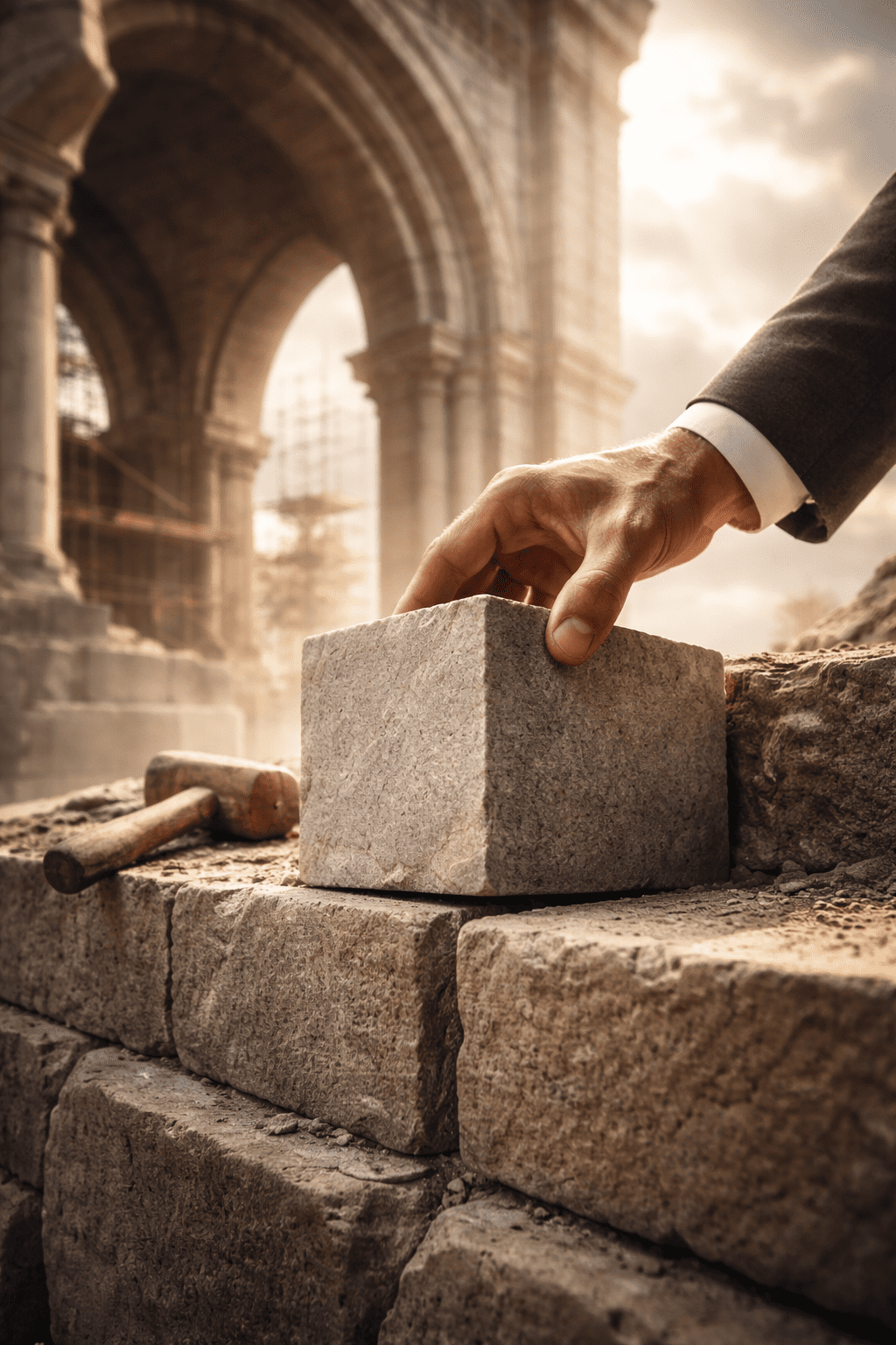 Mão posicionando uma pedra polida na base de uma construção sólida, representando a contribuição individual para o equilíbrio social.