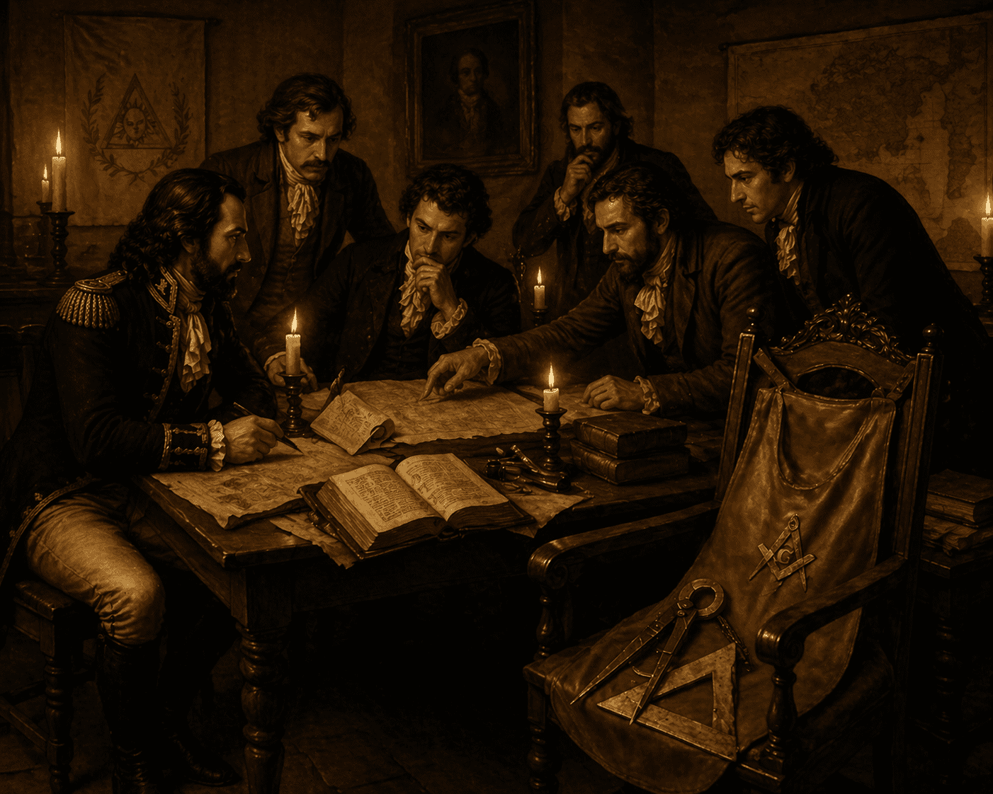 Interior de uma sala secreta no século XVIII, iluminada por velas, com homens em trajes de época debruçados sobre livros e mapas. Elementos como o esquadro, o compasso e o avental de couro repousam sobre uma cadeira de madeira esculpida. Atmosfera de conspiração intelectual e fraternidade.