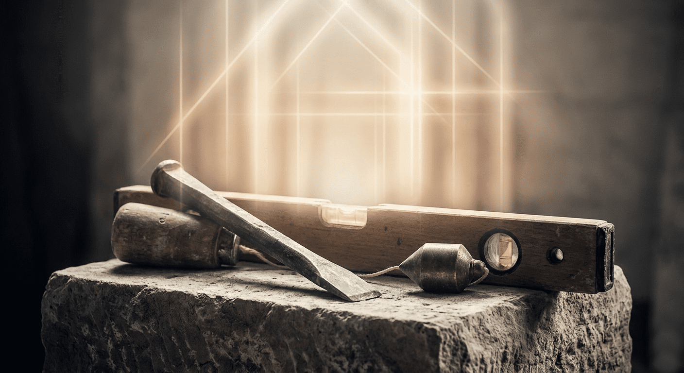 Fotografia detalhada de ferramentas maçônicas antigas em pedra bruta irradiando luz dourada difusa que forma estrutura geométrica sutil, simbolizando a transição do visível para o invisível.