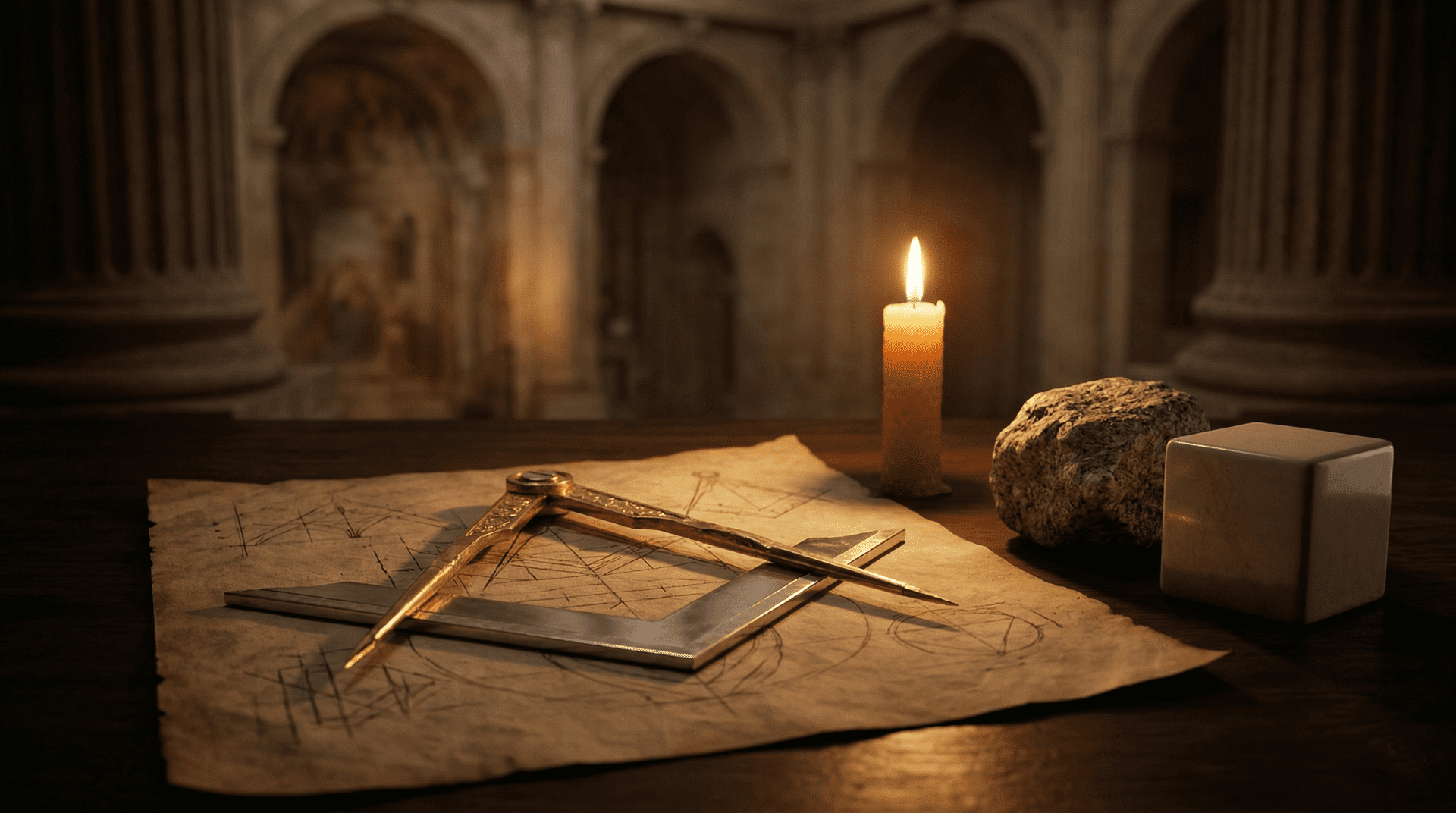Um esquadro e um compasso dourados sobre um pergaminho antigo, ao lado de uma vela acesa e uma pedra bruta contrastando com uma pedra polida.