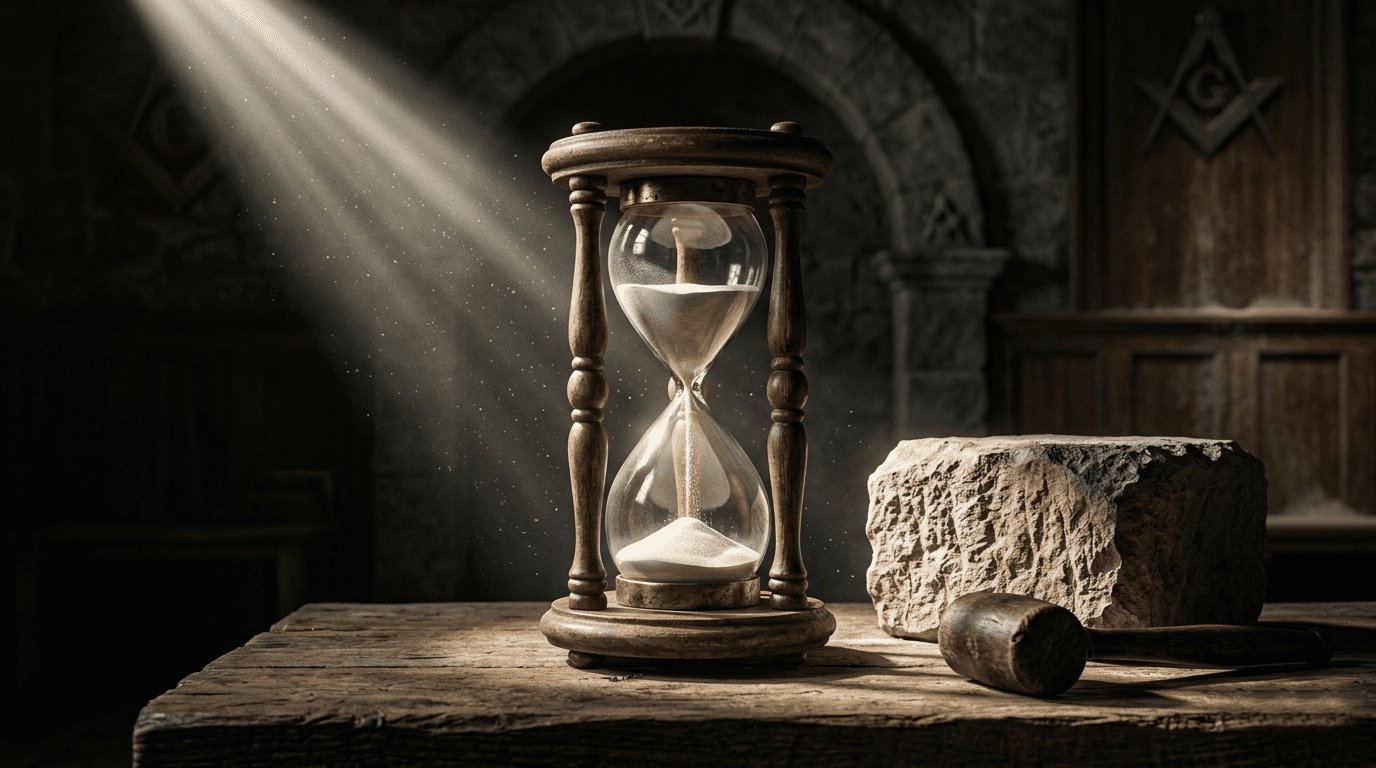 Uma ampulheta de madeira ao lado de uma pedra bruta e ferramentas de pedreiro, iluminadas por um feixe de luz lateral, simbolizando a paciência e o tempo na formação maçônica.