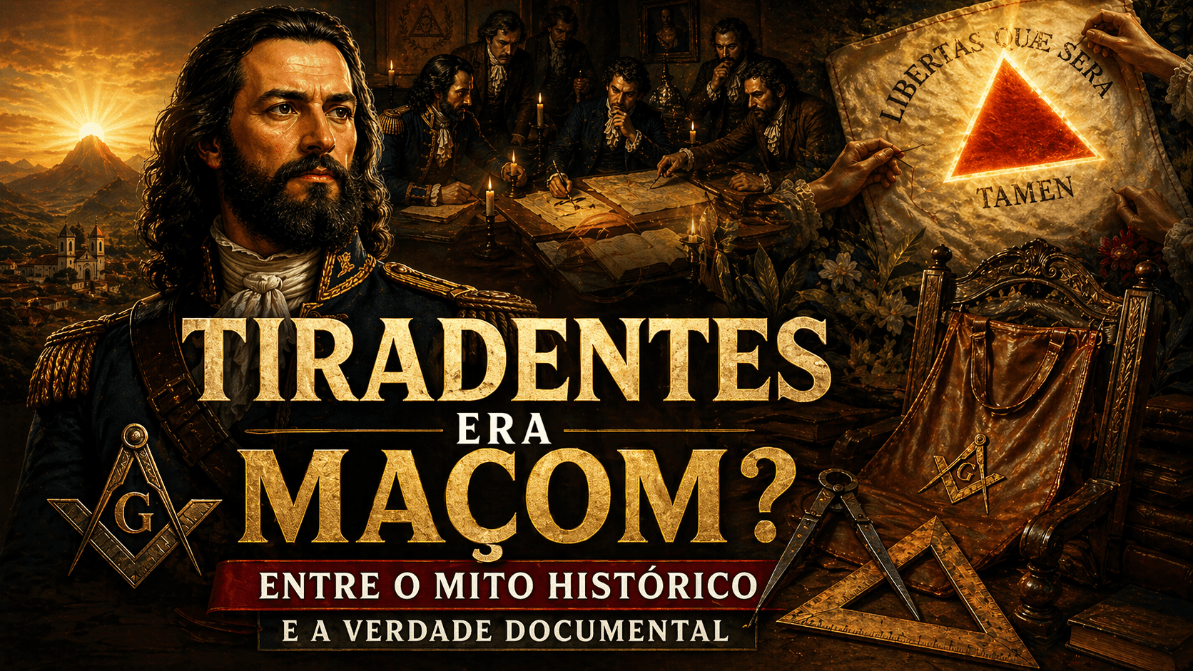 Thumbnail histórica criada para artigo sobre Tiradentes e sua possível conexão com a Maçonaria no contexto da Inconfidência Mineira, analisando mito histórico e evidências documentais.