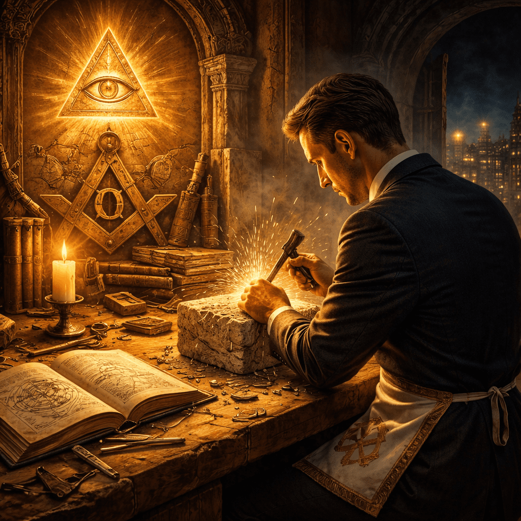 Homem esculpindo pedra simbolizando o trabalho interior e a transformação pessoal na Maçonaria