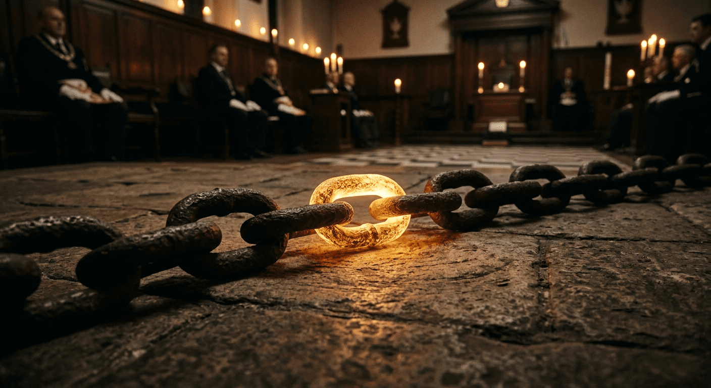 Close-up de uma corrente antiga de metal onde um elo central brilha intensamente, representando o maçom como elo vivo da tradição entre o passado e o futuro.