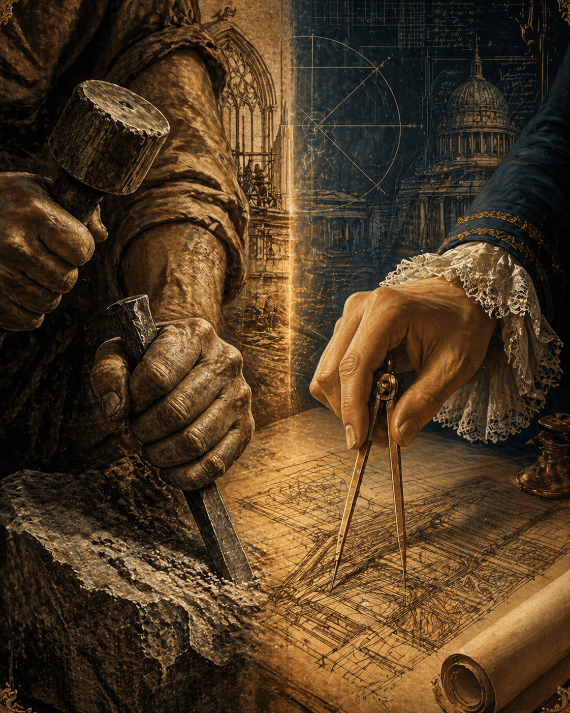Transição simbólica do trabalho físico do pedreiro medieval para o trabalho intelectual e filosófico do maçom iluminista.