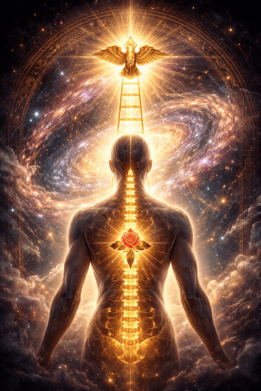 Uma obra de arte mística composta que unifica o conhecimento esotérico, mostrando uma silhueta humana com a coluna vertebral de 33 vértebras brilhando, integrada a uma escada maçônica simbólica, contra um fundo cósmico de galáxias.