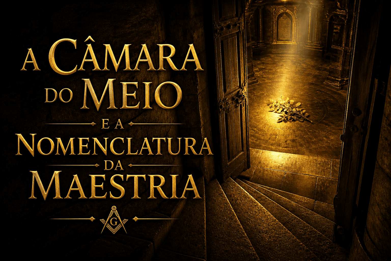 A escada em caracol levando à Câmara do Meio na Maçonaria, iluminada por um feixe de luz sobre a acácia.