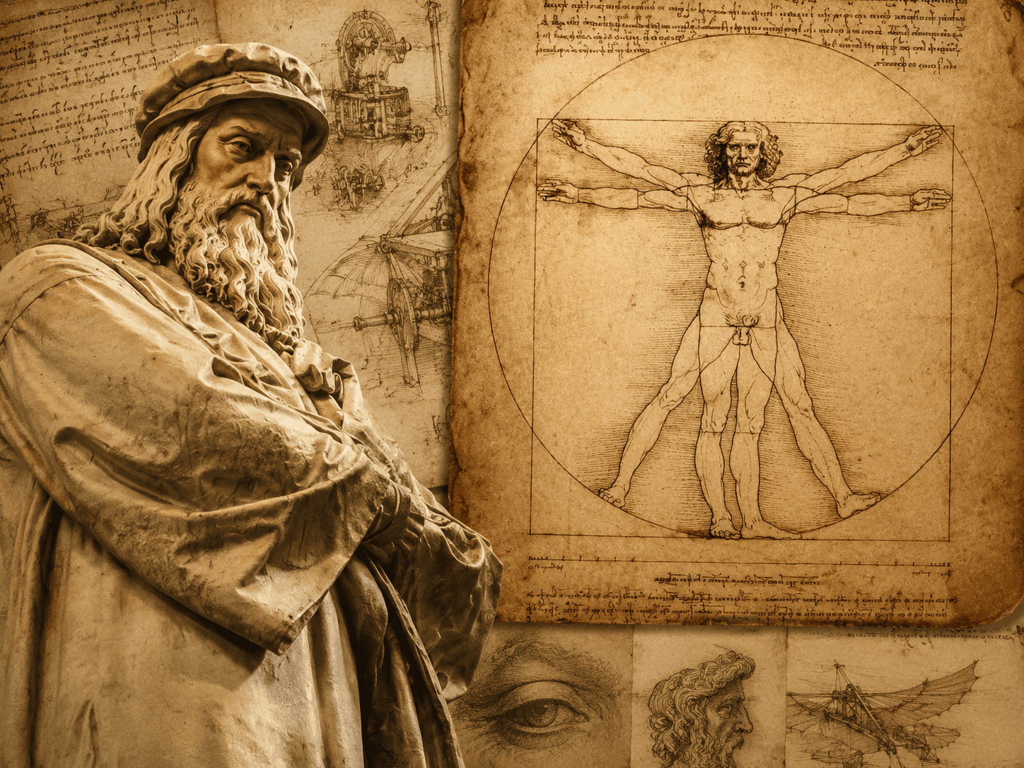 Ilustração inspirada em Leonardo da Vinci mostrando o Homem Vitruviano integrado ao simbolismo do pentagrama e da Maçonaria.