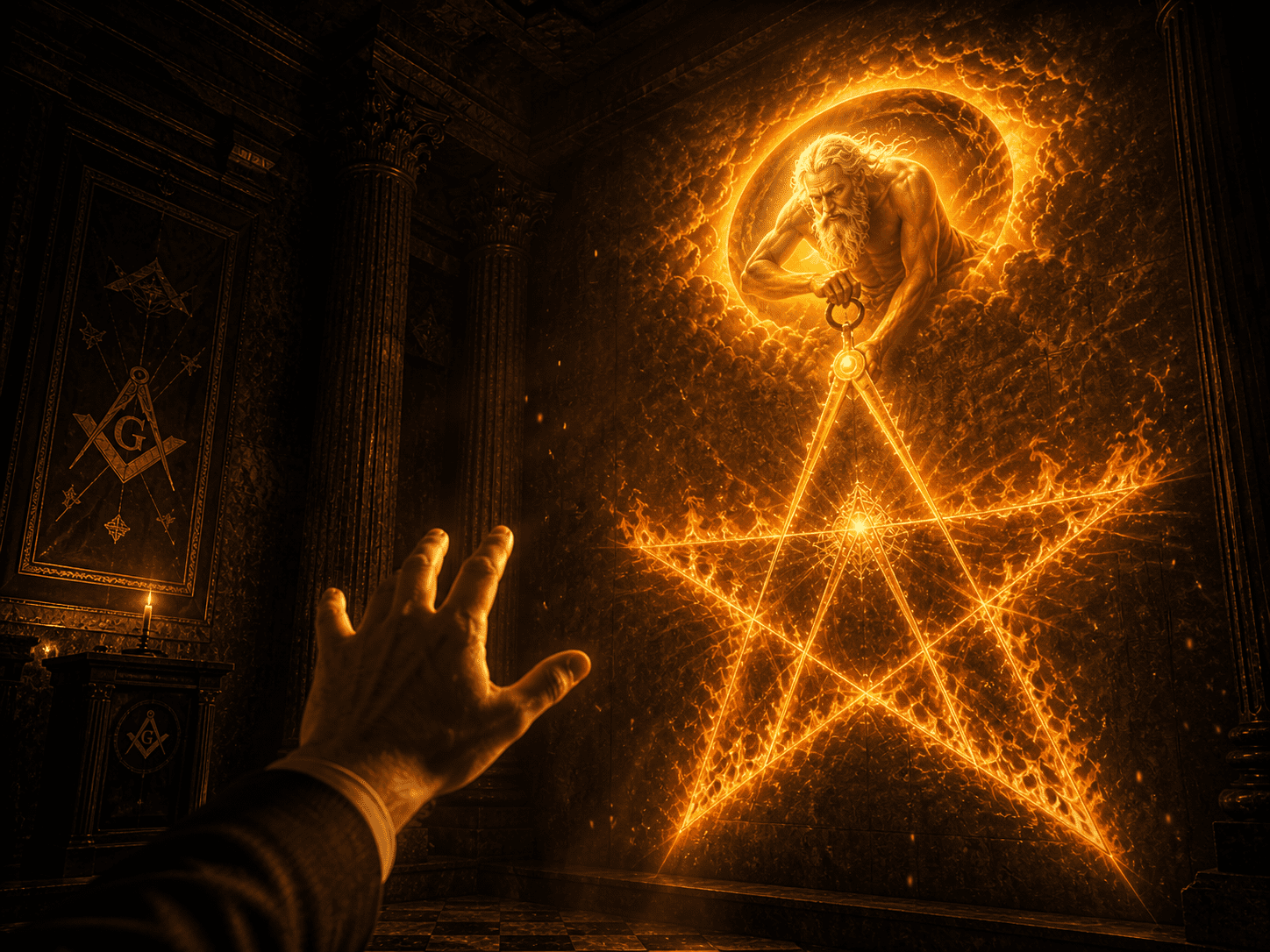 Estrela Flamejante no templo maçônico. Imagem mostrando a aplicação ritualística da Estrela Flamejante dentro do templo maçônico.
