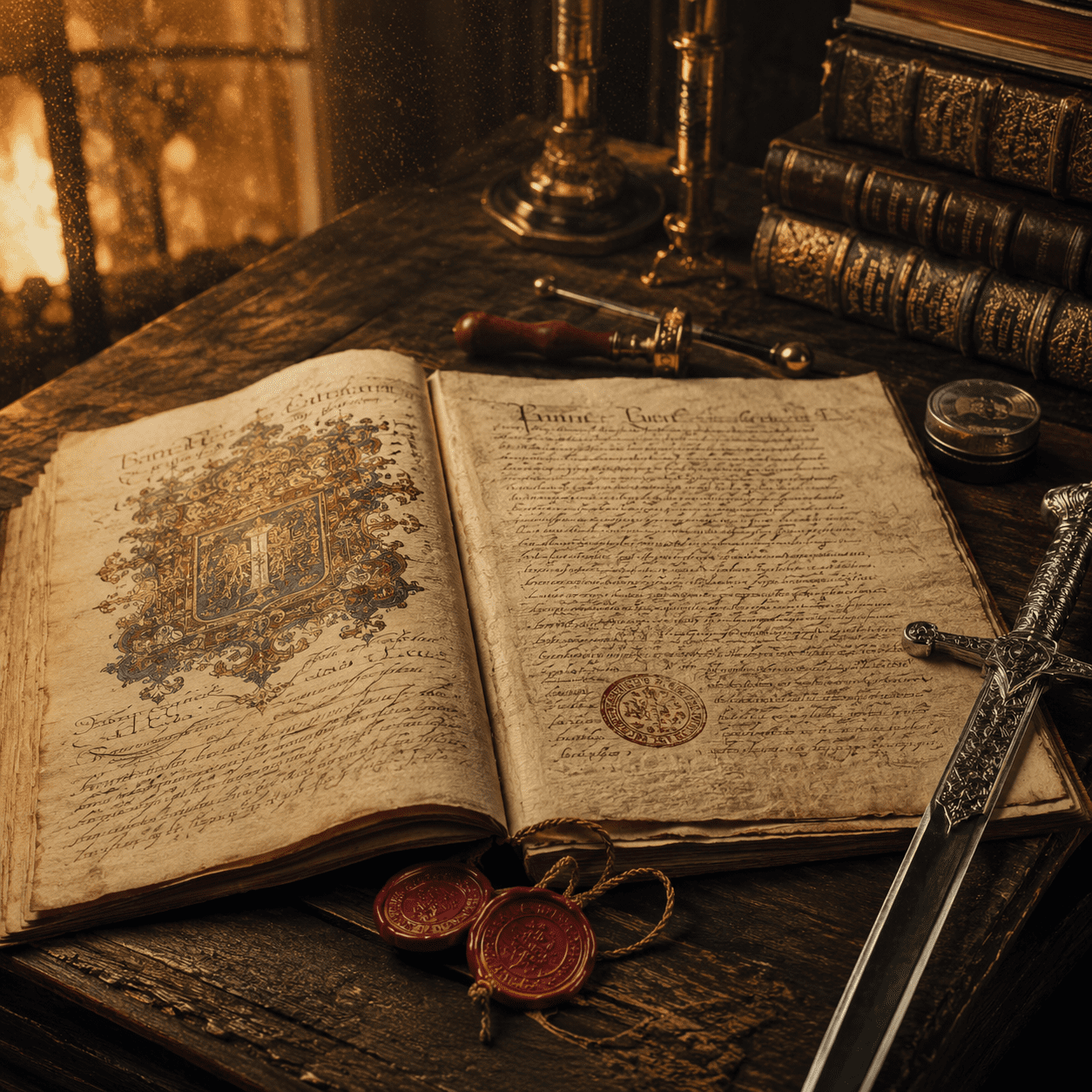 Manuscrito antigo com selos de cera e espada cerimonial representando os estatutos do Regime Escocês Retificado.