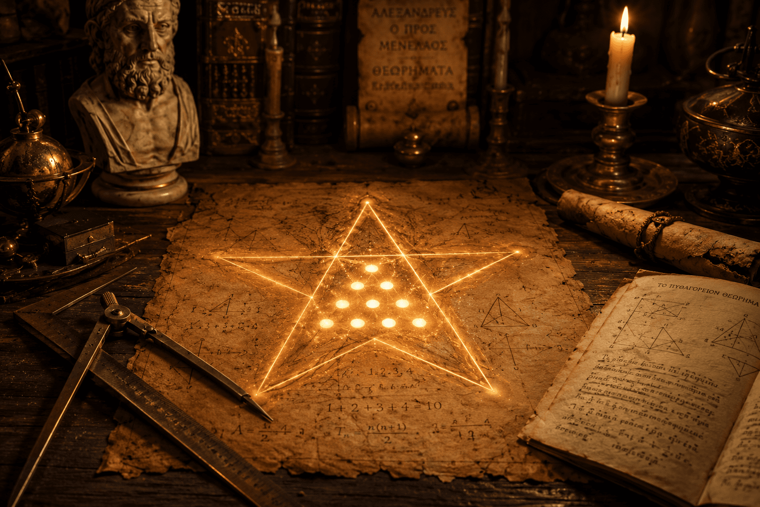 Imagem representando Pitágoras e os estudos matemáticos sobre o pentagrama, a proporção áurea e a harmonia cósmica.