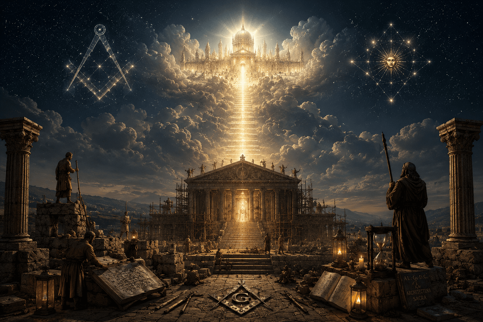 A construção de um templo de cantaria perfeita na terra, que reflete exatamente uma cidade celestial luminosa nas nuvens logo acima. Uma escada de luz conecta o templo terrestre à cidade etérea. Elementos arquitetônicos maçônicos sutis, como esquadro e compasso formados por constelações no céu estrelado.