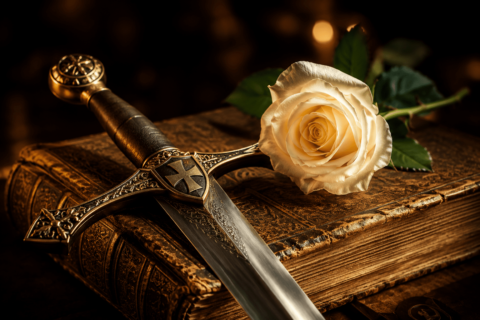 Uma espada antiga repousando sobre um livro aberto e uma flor branca, simbolizando a força, a sabedoria e a pureza de intenções do Cavaleiro Benfeitor da Cidade Santa.
