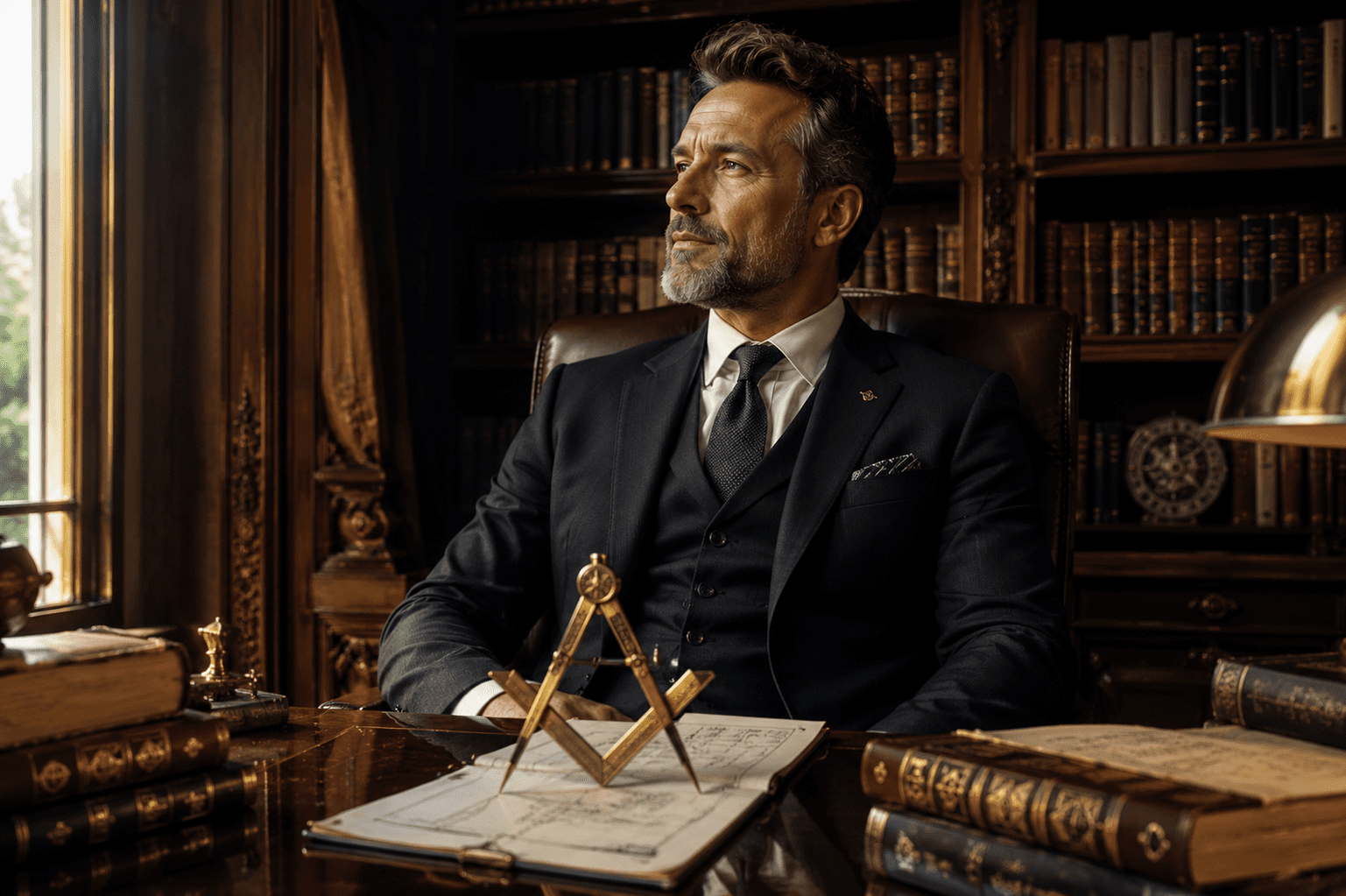 Maçom em traje formal, meditando e estudando em uma biblioteca clássica, aplicando a filosofia do Esquadro e Compasso em sua vida diária.