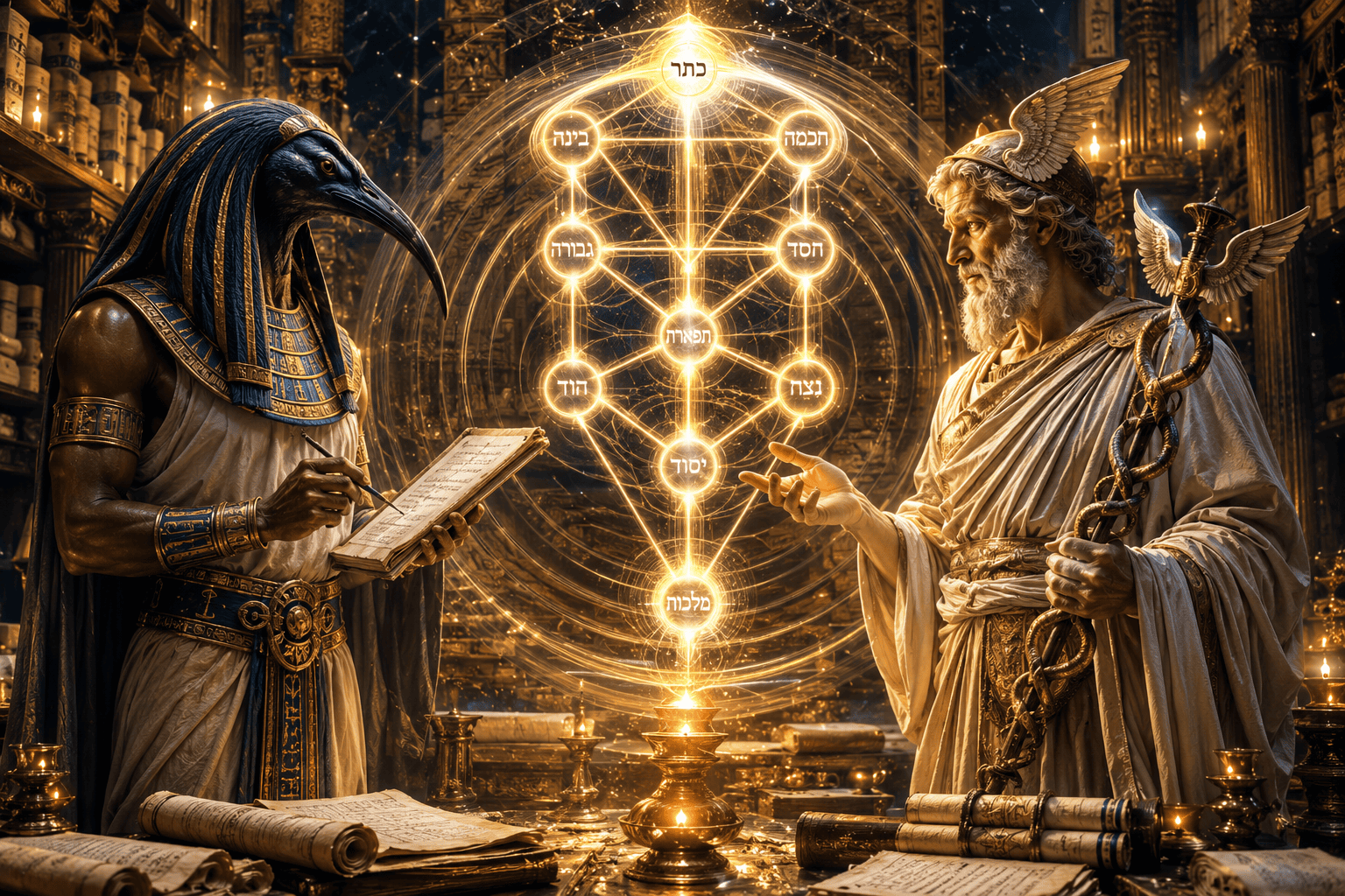 Thoth e Hermes Trismegisto observando as emanações vibratórias da Árvore da Vida.