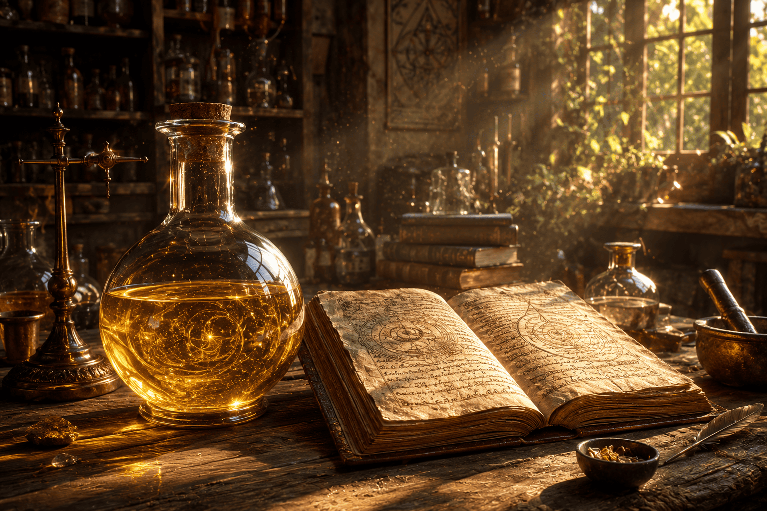 Laboratório alquímico antigo com frasco de líquido dourado luminescente e livros filosóficos.