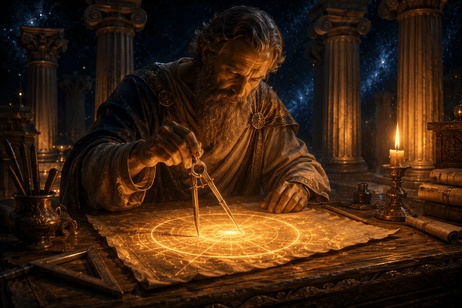Arquiteto renascentista desenhando a geometria sagrada com um compasso iluminado sob um céu estrelado.