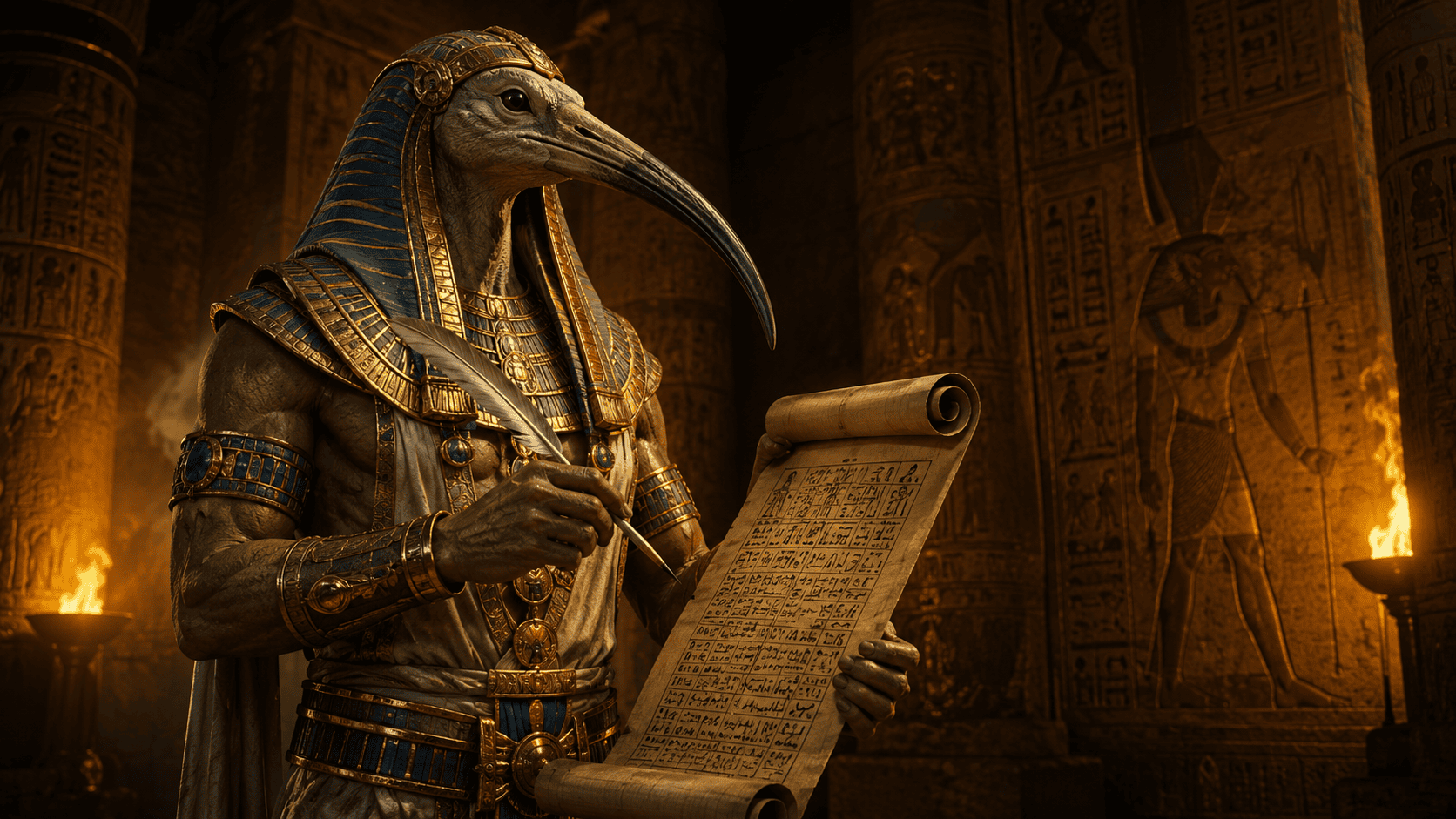 Uma representação majestosa e historicamente inspirada do Deus egípcio Thoth (Tehuti) com a cabeça de um íbis. Ele veste trajes sacerdotais do Antigo Egito adornados com ouro e lápis-lazúli. Thoth segura um papiro desenrolado e uma pena de junco, em atitude de escrita. O fundo apresenta paredes de um templo iluminadas por tochas, com hieróglifos sutis. Atmosfera de sabedoria antiga e misticismo. --ar 16:9