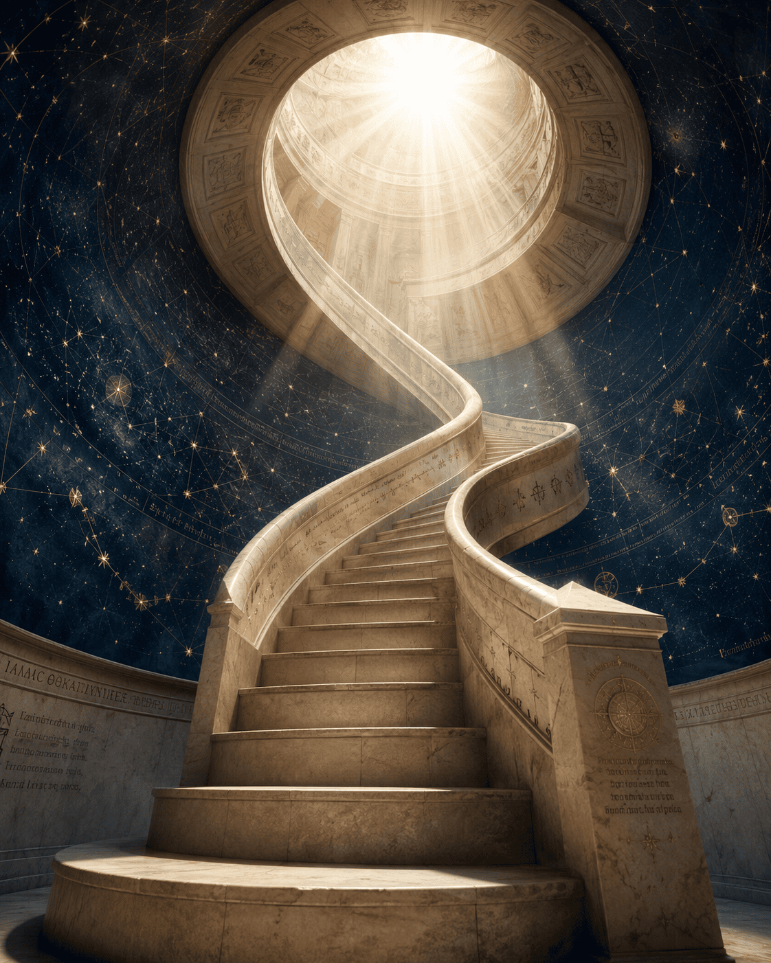 Escada em espiral em direção à luz, simbolizando a elevação espiritual do maçom após deixar o estado profano.