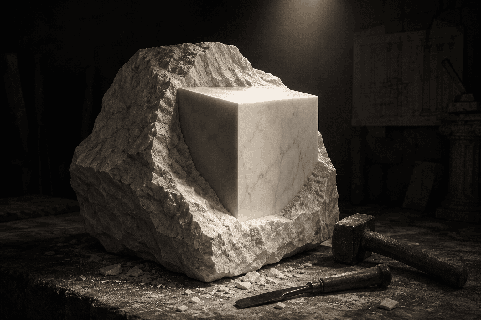 Pedra bruta de mármore revelando um cubo perfeito esculpido em seu interior ao lado de um maço e cinzel.