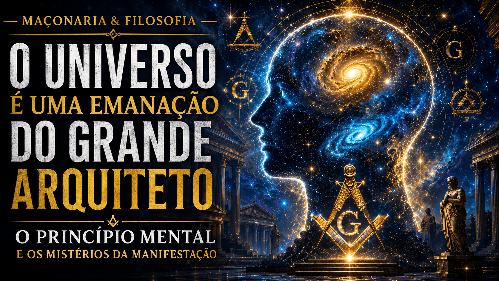 Ilustração cósmica representando o Princípio Mental na Maçonaria com a mente humana iluminada e geometria sagrada dourada.