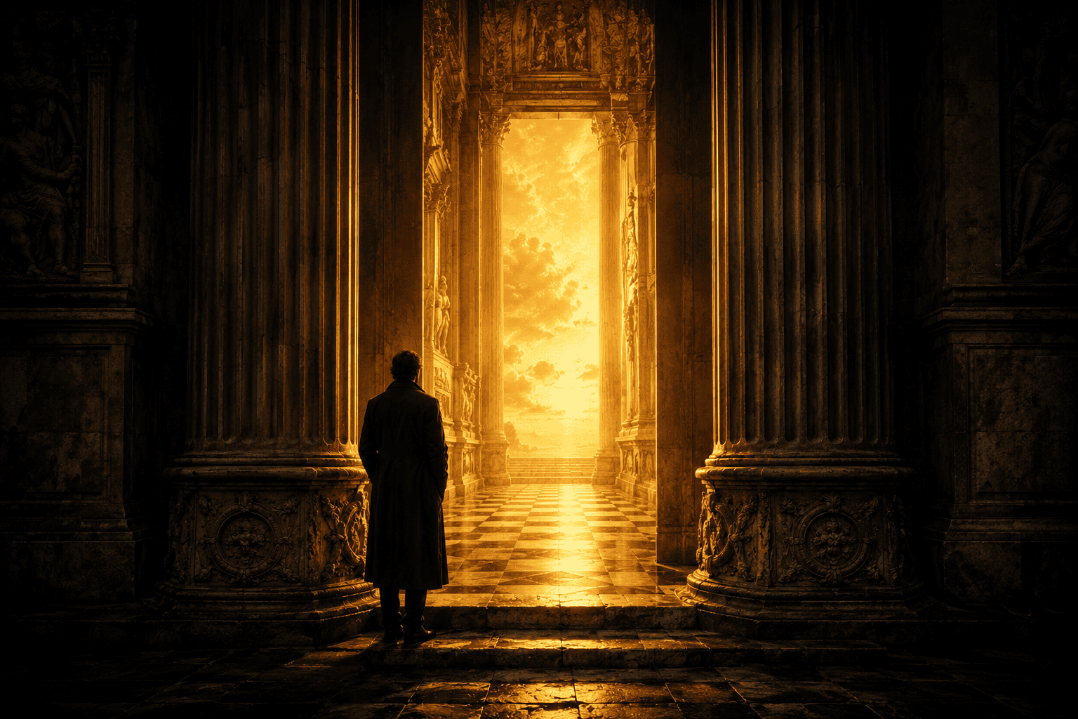 O homem profano diante das colunas do Templo Maçônico buscando a Luz.
