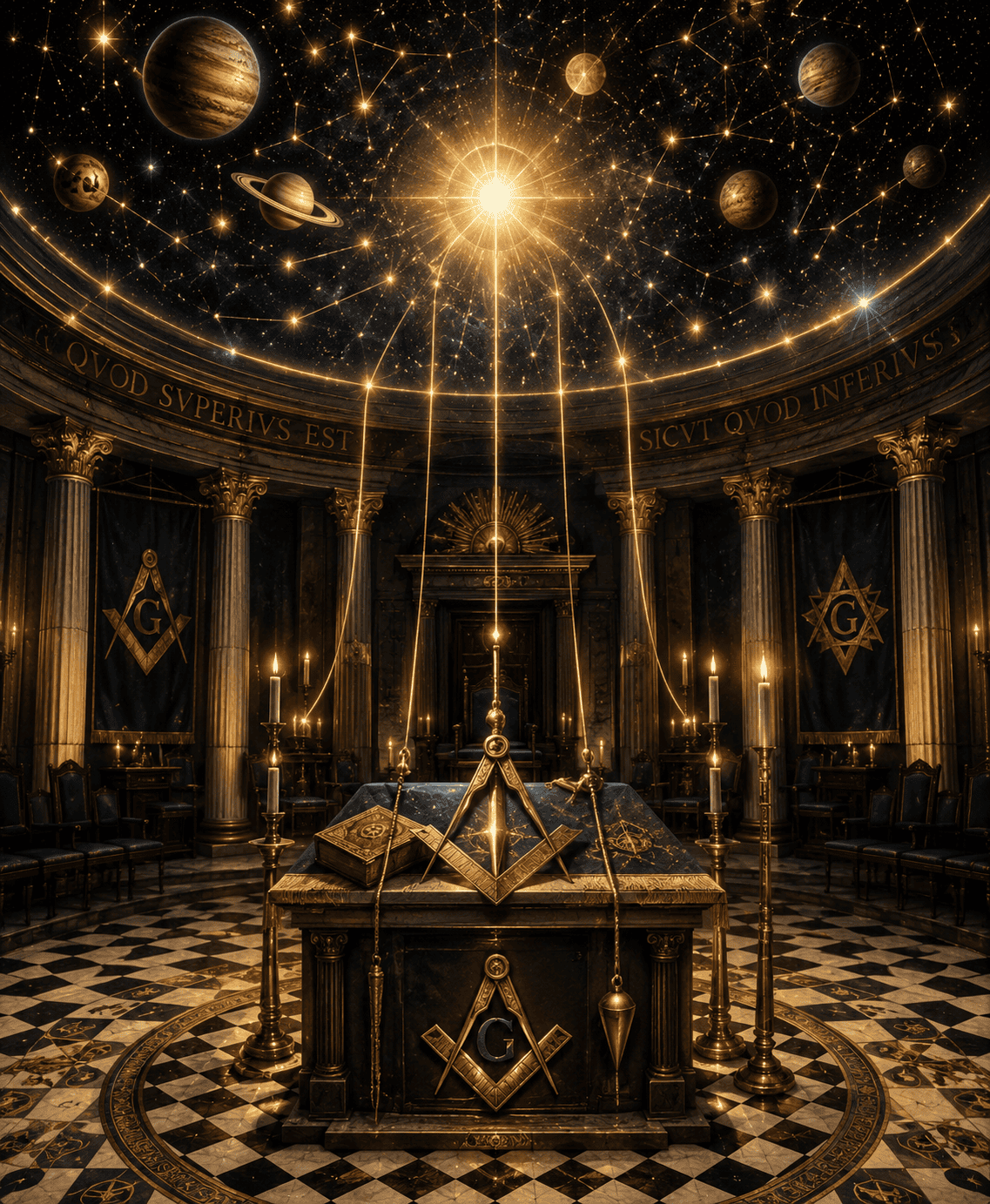 Templo Maçônico conectado celestialmente às constelações do cosmos.