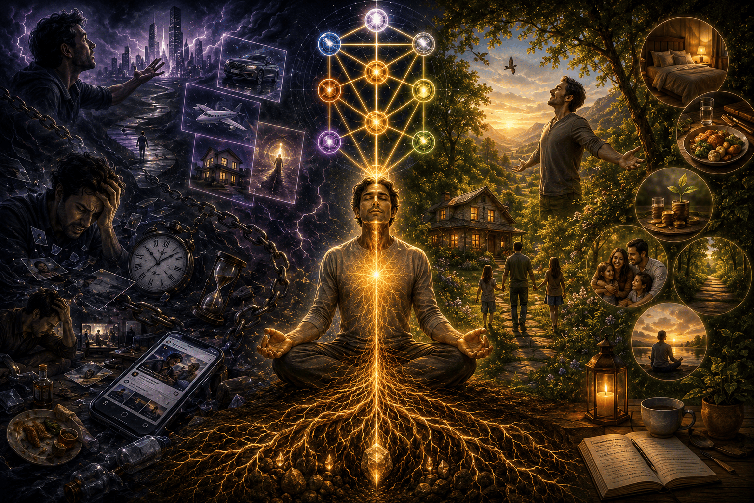 Ilustração espiritual mostrando uma pessoa em meditação entre dois mundos: o ciclo da busca incessante e o estado de presença, gratidão e aterramento, simbolizados pela Árvore da Vida, raízes luminosas, natureza e abundância.