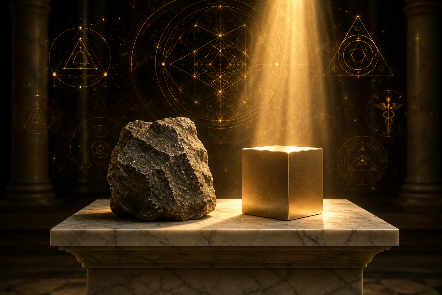 Pedra bruta e pedra cúbica iluminadas, simbolizando o aperfeiçoamento humano e o templo interior maçônico.