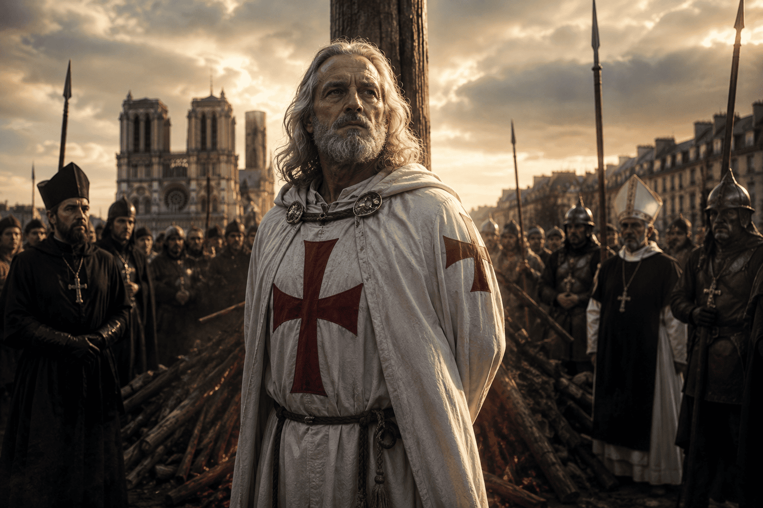 Jacques DeMolay aguardando seu destino na fogueira em Paris.