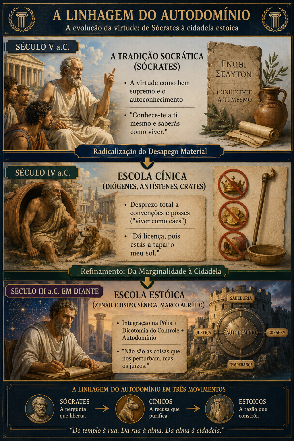 Infográfico sobre a linhagem do Estoicismo: da Tradição Socrática e Cinismo de Diógenes à Escola Estóica de Sêneca e Marco Aurélio.