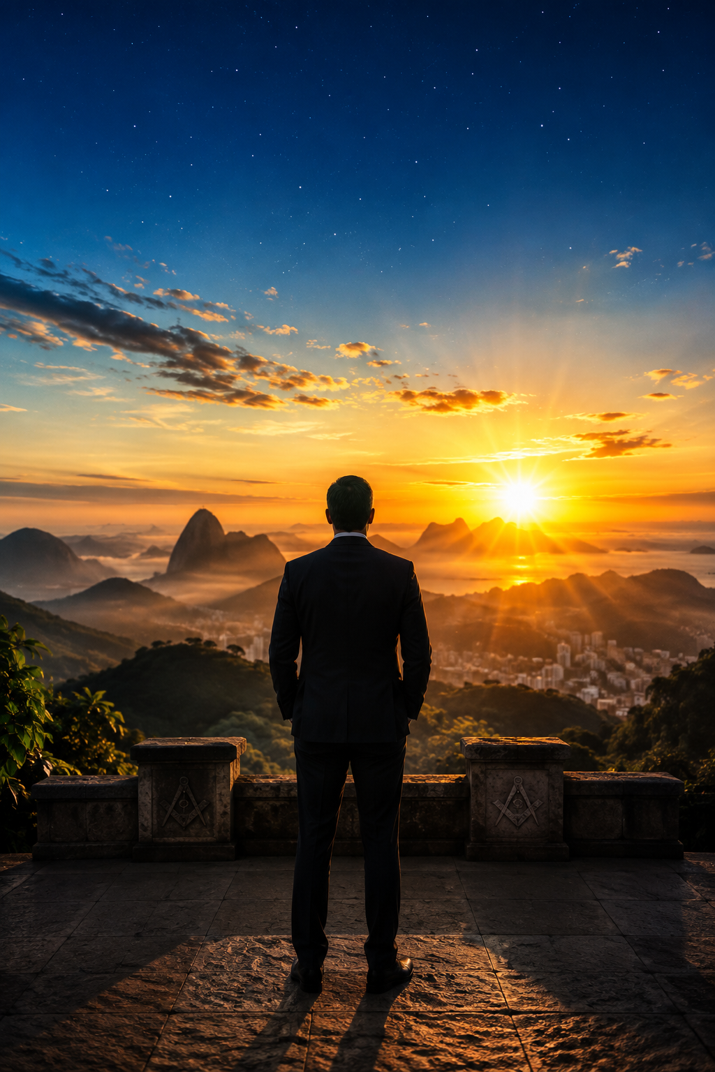 Homem observando o nascer do sol, representando a sabedoria maçônica e a construção de um futuro melhor.