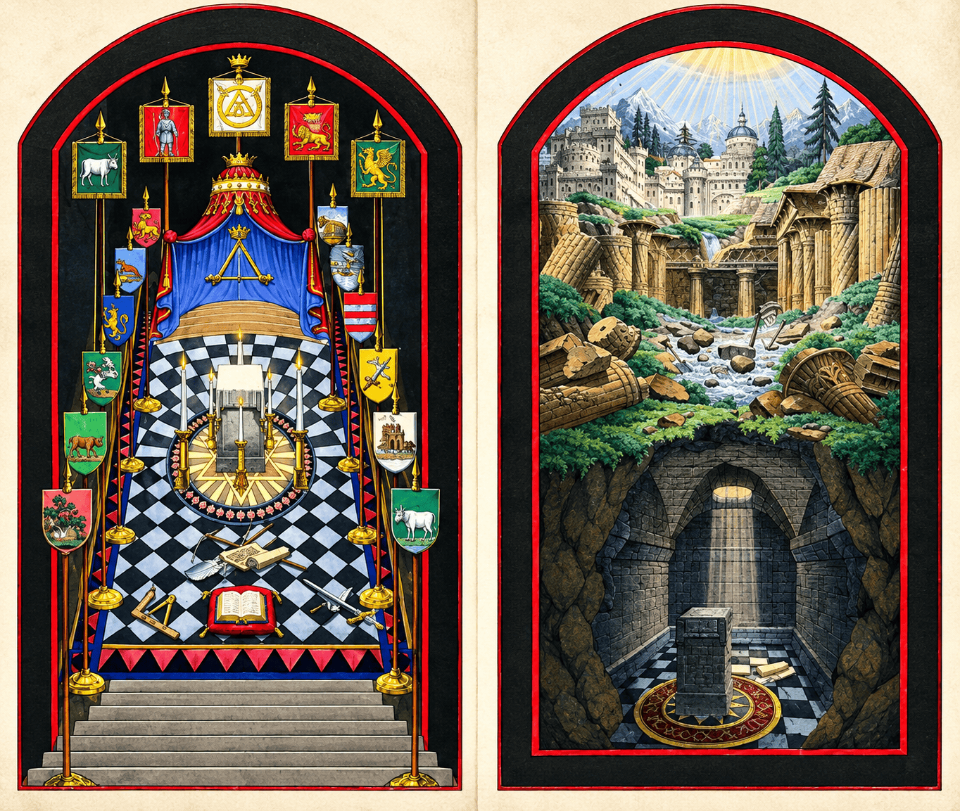 Royal Arch Tracing Board de John Harris, c. 1820, mostrando uma câmara maçônica e uma abóbada subterrânea.