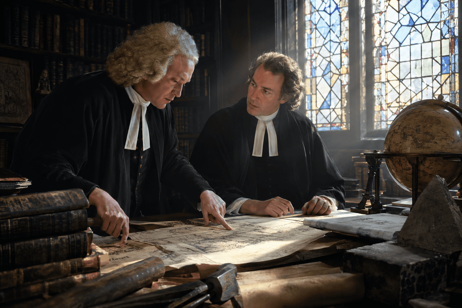 Retrato realista de James Anderson e Desaguliers discutindo manuscritos.