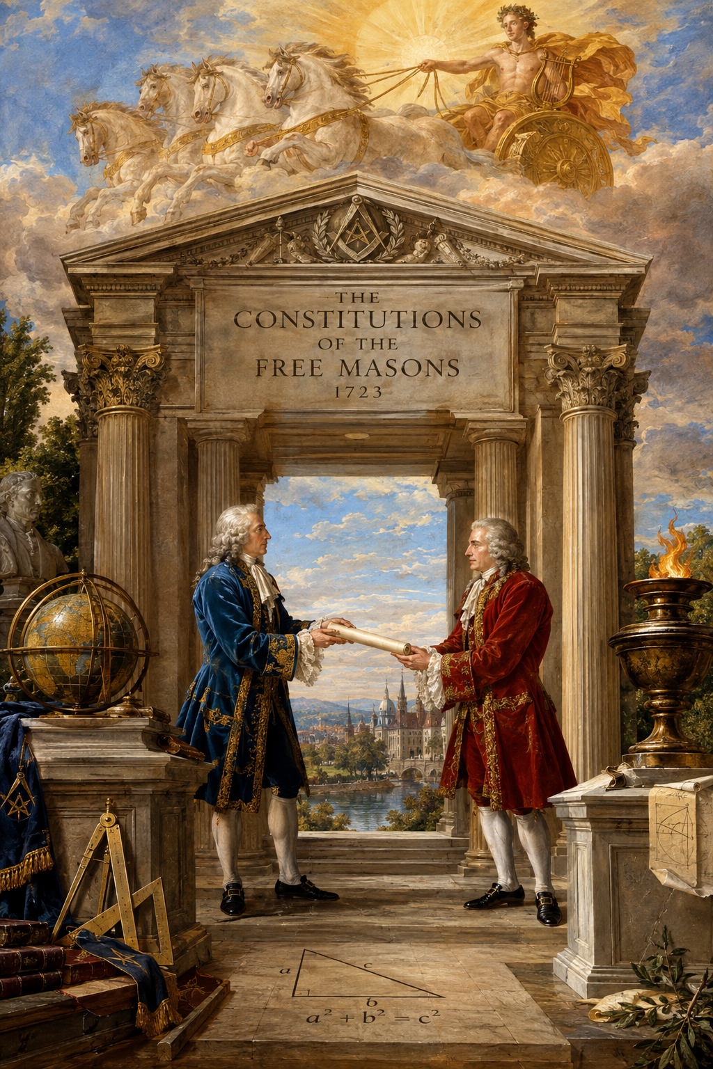 Frontispício das Constituições de Anderson com pórtico clássico e Apolo.