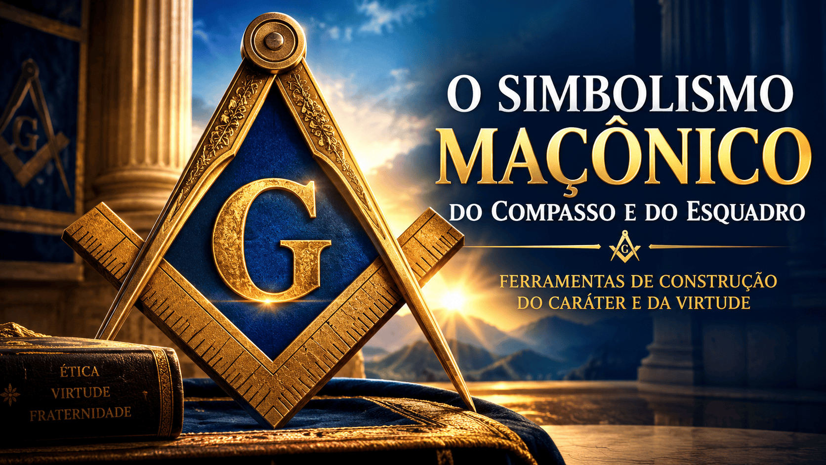Simbolismo maçônico do compasso e do esquadro, representando retidão, prudência e aperfeiçoamento humano
