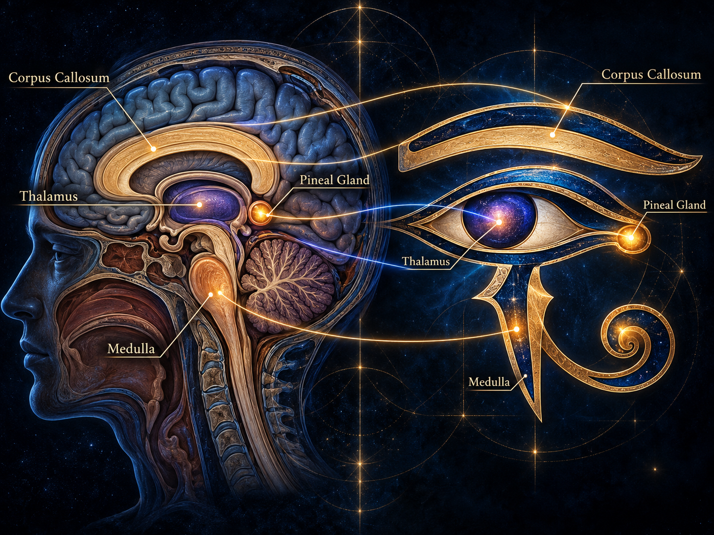 Comparação anatômica entre a Glândula Pineal no cérebro humano e o Olho de Hórus egípcio