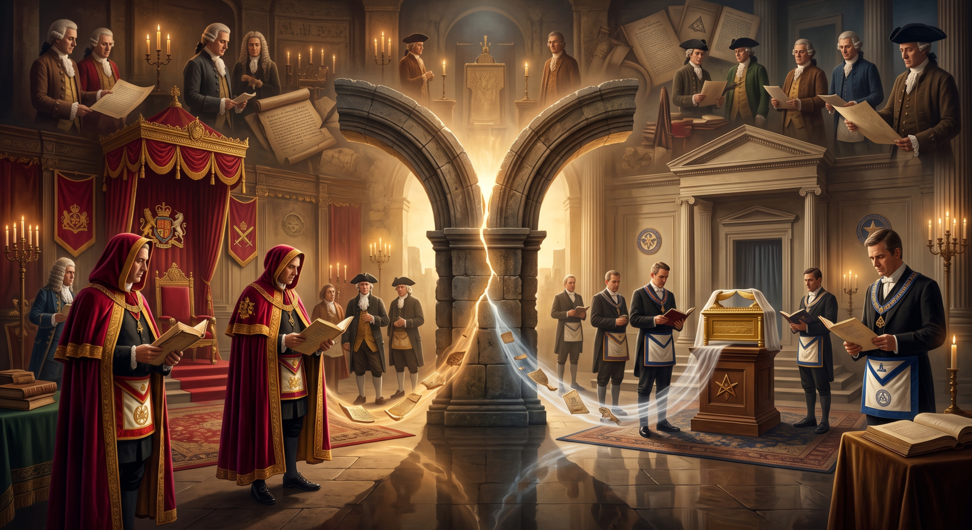Ilustração cinematográfica dividida mostrando maçons do século XVIII em um templo, representando o desenvolvimento histórico e a ramificação das tradições maçônicas do Real Arco e do Arco Real a partir de uma origem comum.