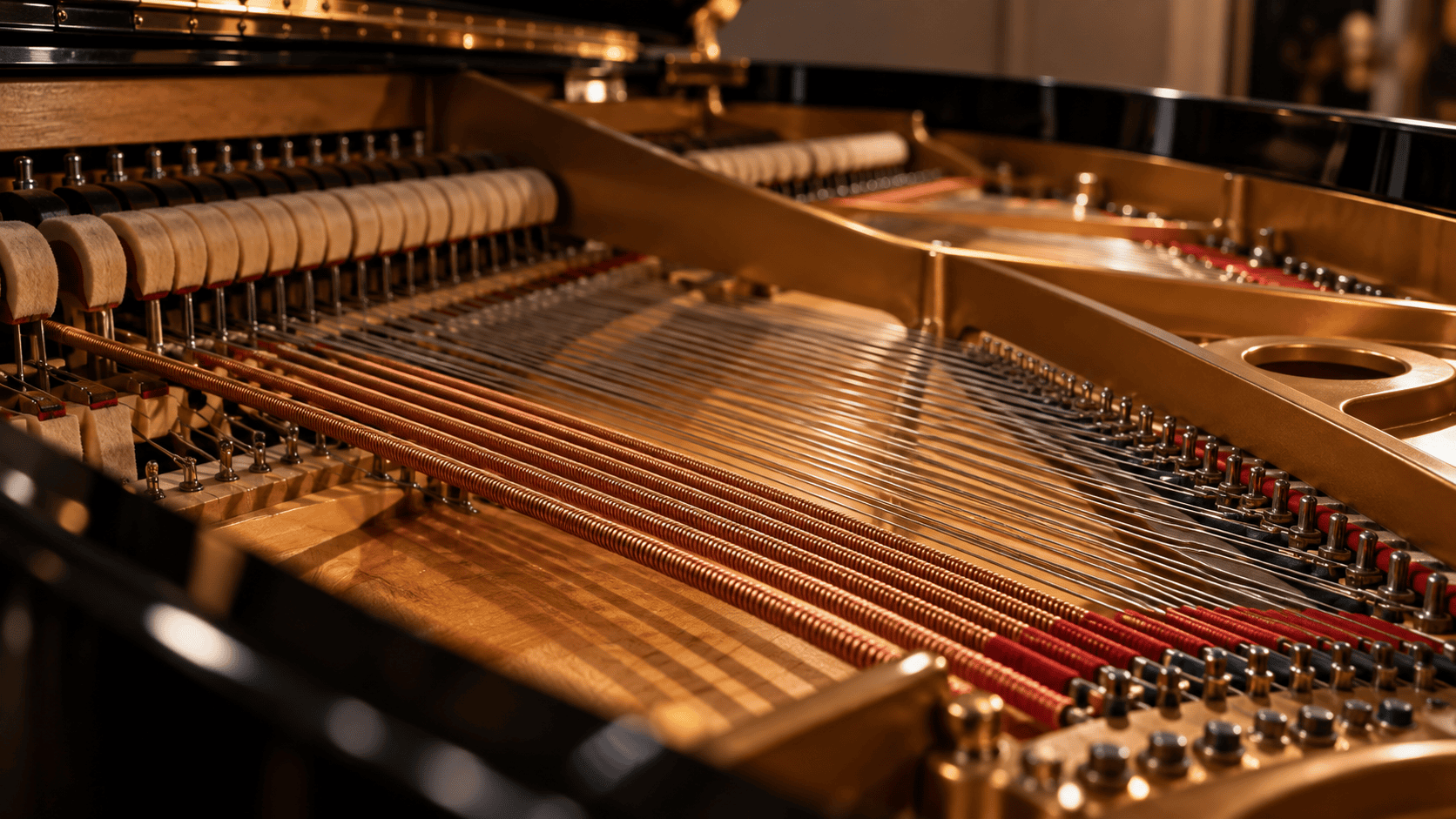 Cordas, martelos e estrutura interna de um piano usados para ilustrar o fenômeno da ressonância.